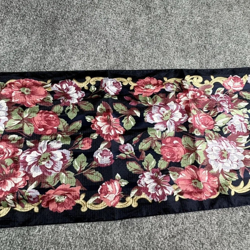 Vintage 80s Kathie Lee Floral Scarf Navy Pink Rose Cottagecore Romantic 56x12